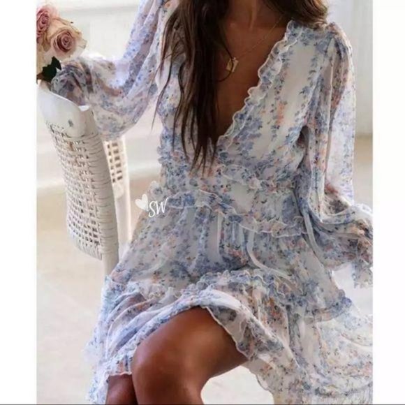 Boho floral Print Ruffle Long Sleeve dress white - Picture 2 of 4